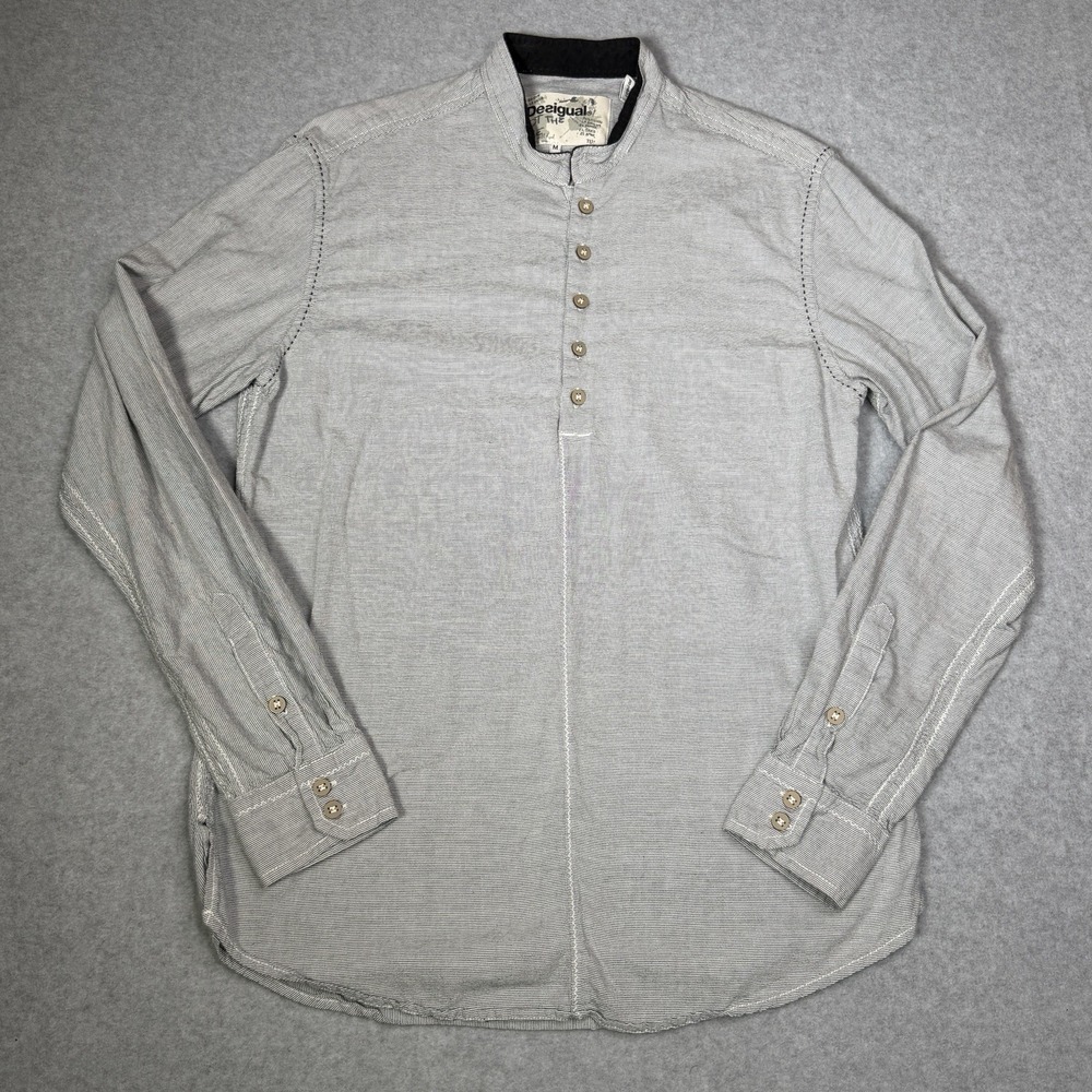 Desigual Men's Size Medium Gray Long Sleeve Henley Casual Shirt Embroidered